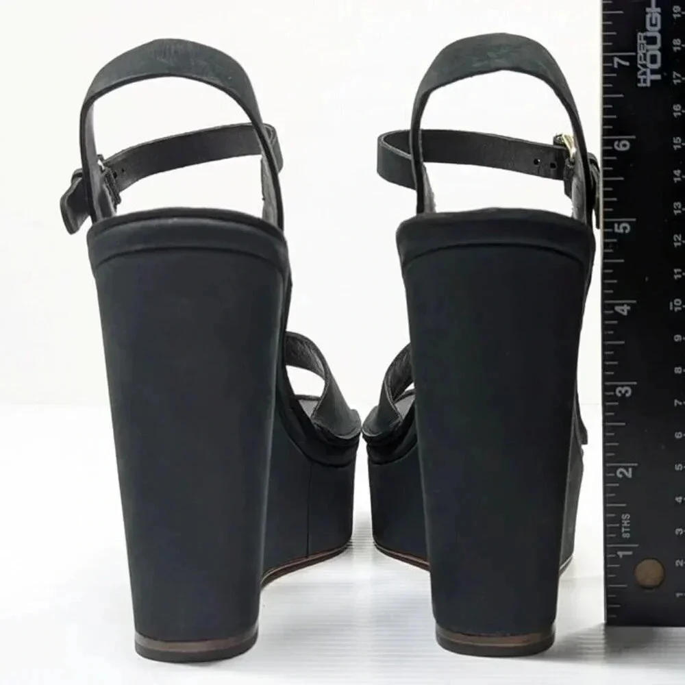 Joie Hindy Women's Platform Wedge Sandal Black Leather Size 8 M (MSRP $298)